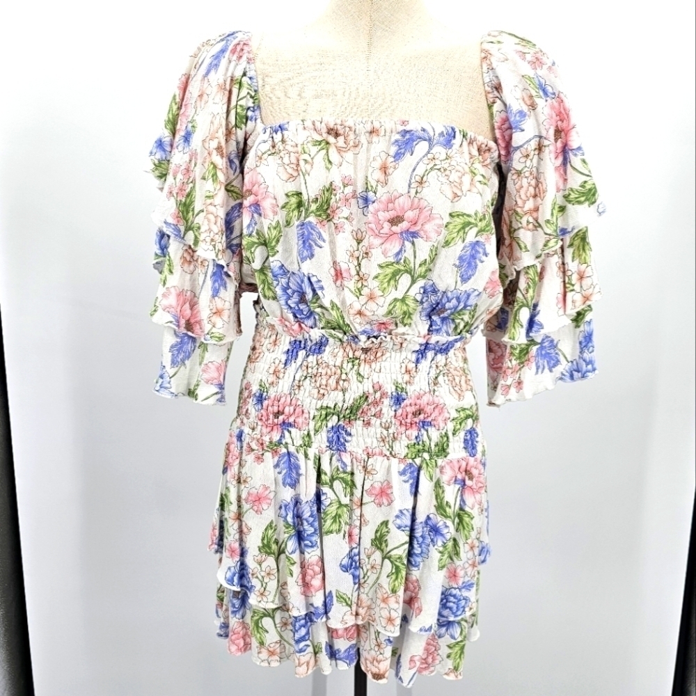 Vintage Havanah off the shoulder water fall floral Smocked dress women's small